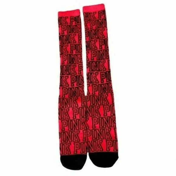 Victoria Secret Long Socks Pink Black Logo - Picture 1 of 6